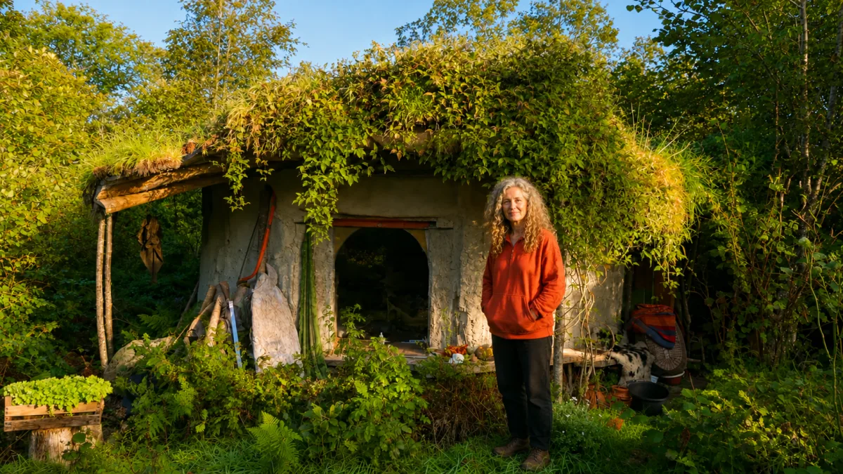 Ze bouwde een tiny house in de bossen van Wales — en woont daar zonder elektriciteit
