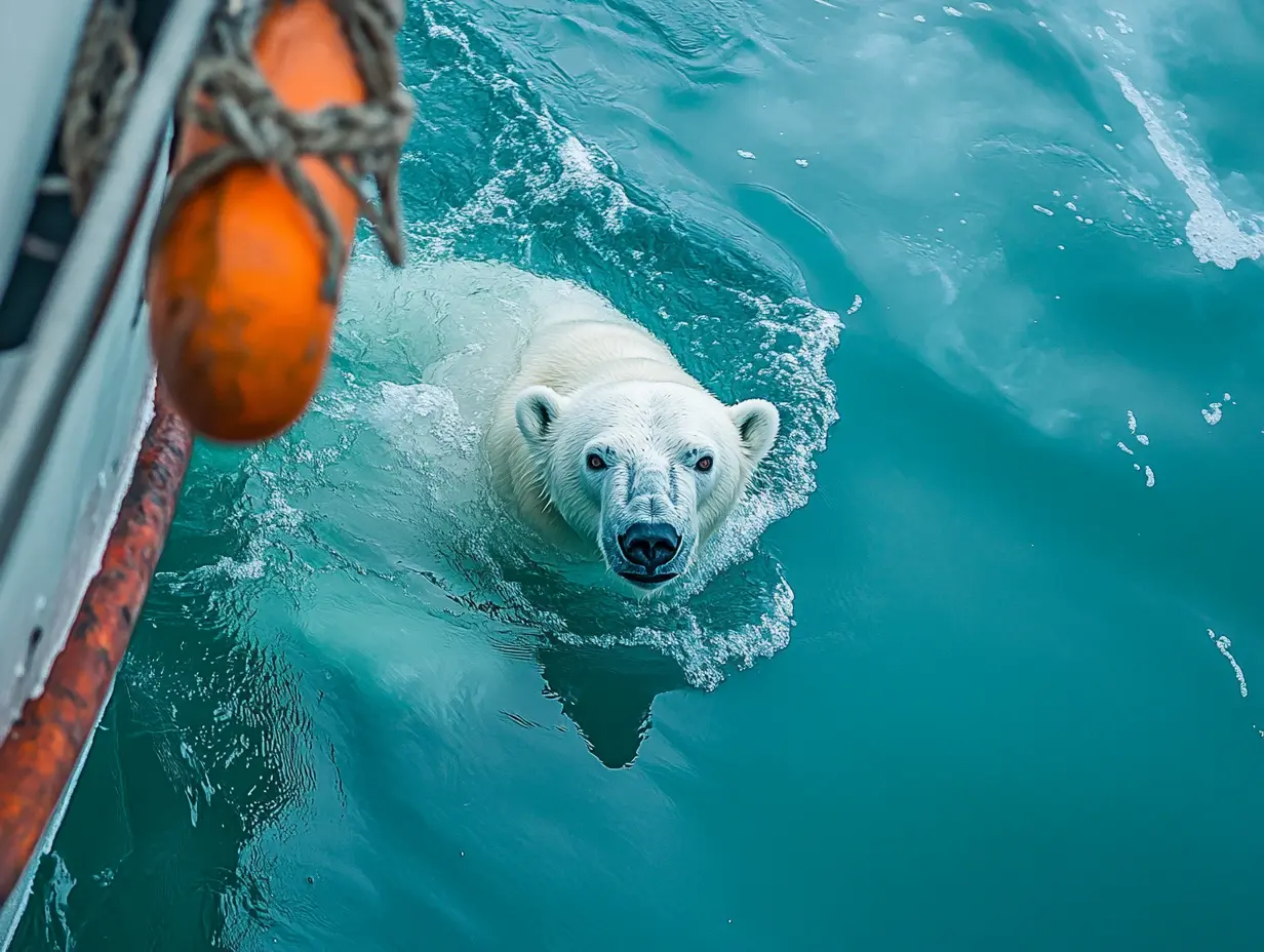 Un ours polaire tente d'attirer l'attention d'un navire de pêche. Lorsque l'équipage comprend pourquoi, il fait descendre un navire de sauvetage