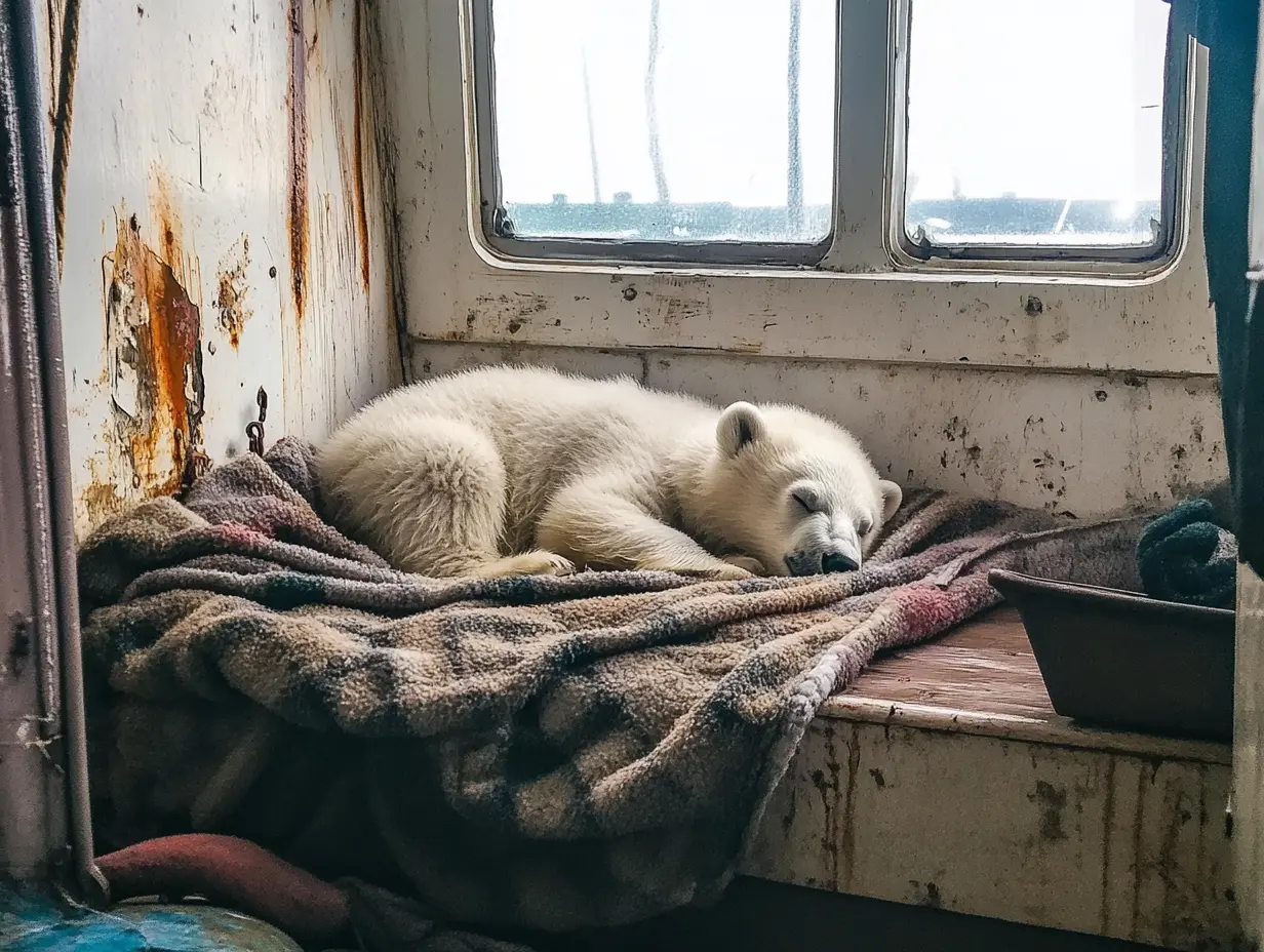 Un ours polaire tente d'attirer l'attention d'un navire de pêche. Lorsque l'équipage comprend pourquoi, il fait descendre un navire de sauvetage