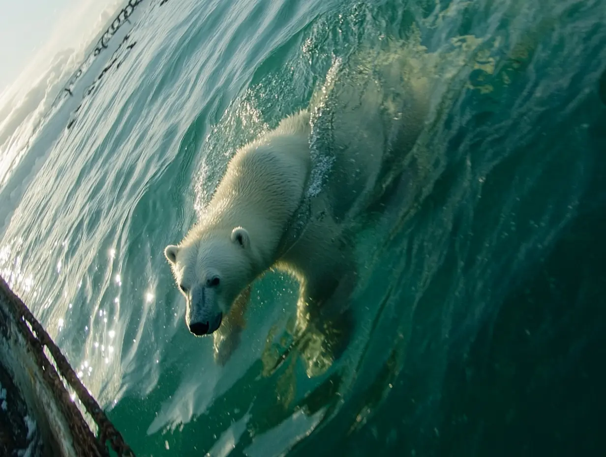 Un ours polaire tente d'attirer l'attention d'un navire de pêche. Lorsque l'équipage comprend pourquoi, il fait descendre un navire de sauvetage