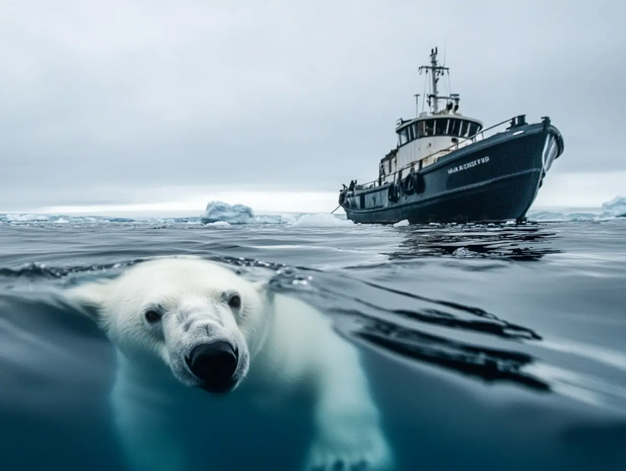 Un ours polaire tente d'attirer l'attention d'un navire de pêche. Lorsque l'équipage comprend pourquoi, il fait descendre un navire de sauvetage