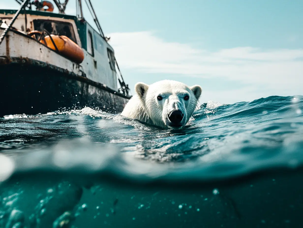 Un ours polaire tente d'attirer l'attention d'un navire de pêche. Lorsque l'équipage comprend pourquoi, il fait descendre un navire de sauvetage
