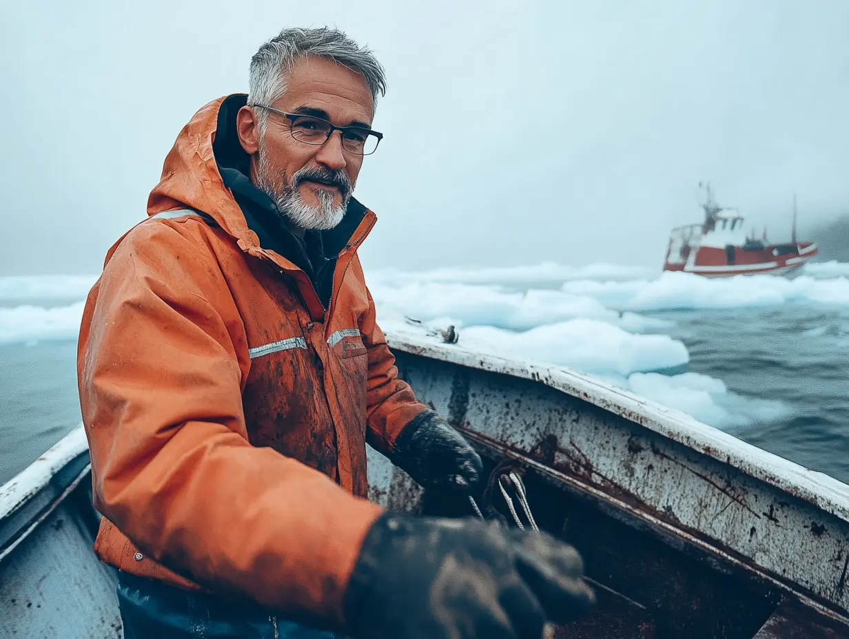 Un ours polaire tente d'attirer l'attention d'un navire de pêche. Lorsque l'équipage comprend pourquoi, il fait descendre un navire de sauvetage