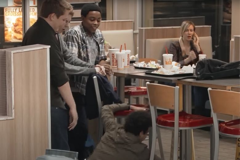 Teens Bullying Boy At Burger King, Don’t Notice Man On Bench