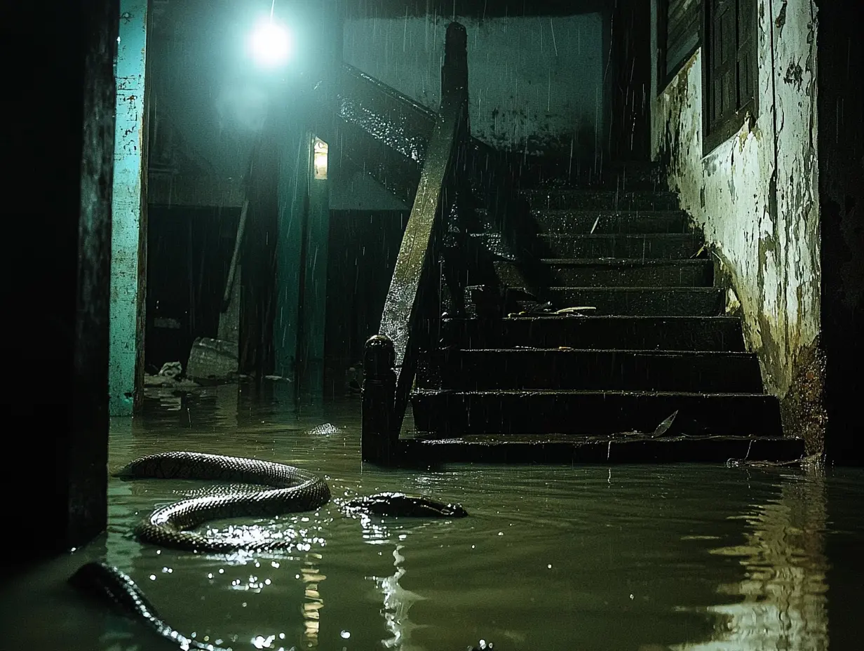 Floodwaters swallowed their home—but something terrifying floated in with it.
