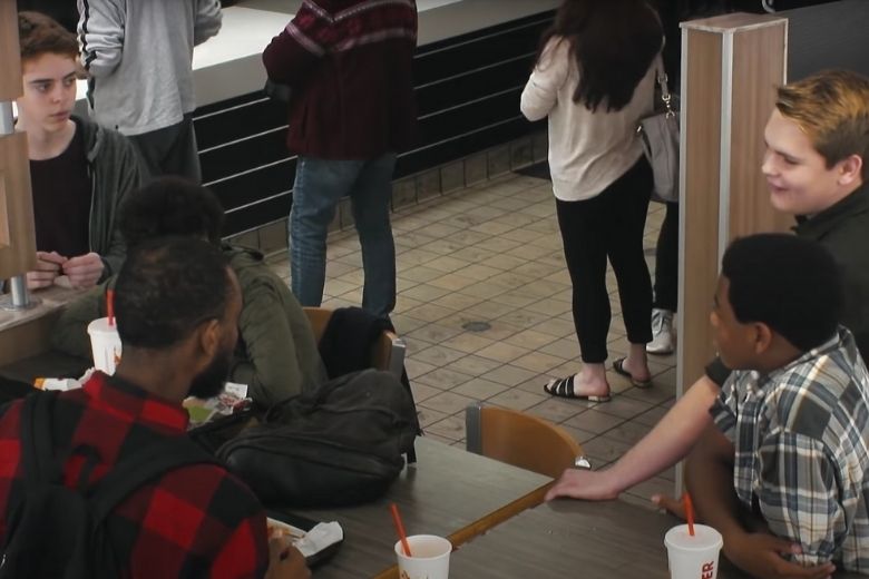 Teens Bullying Boy At Burger King, Don’t Notice Man On Bench