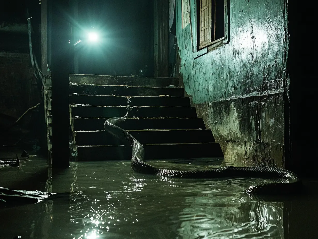 Floodwaters swallowed their home—but something terrifying floated in with it.