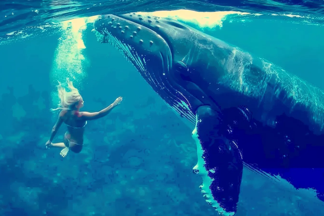 Giant whale won't leave diver alone - Then she notices the terrifying reason why