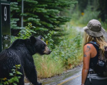 Frau folgt Bär in den Wald, nachdem er sich ihr an der Bushaltestelle unerwartet genähert hat