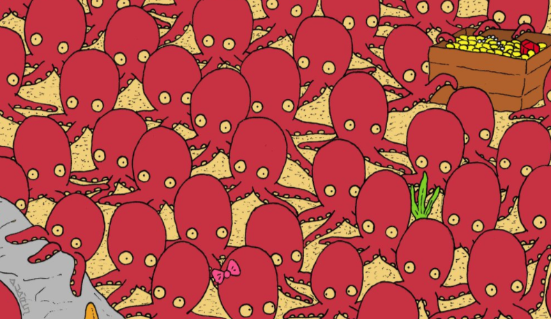 Suchbild: entdeckst du den Fisch zwischen den Tintenfischen?