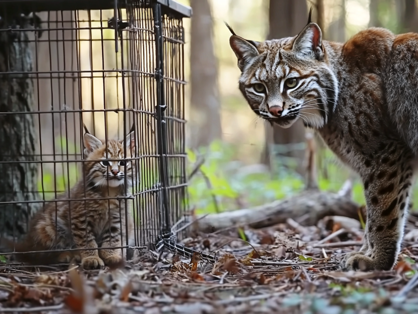 Ein wilder Bobcat nähert sich einer Frau, und sie beschließt, ihm zu folgen
