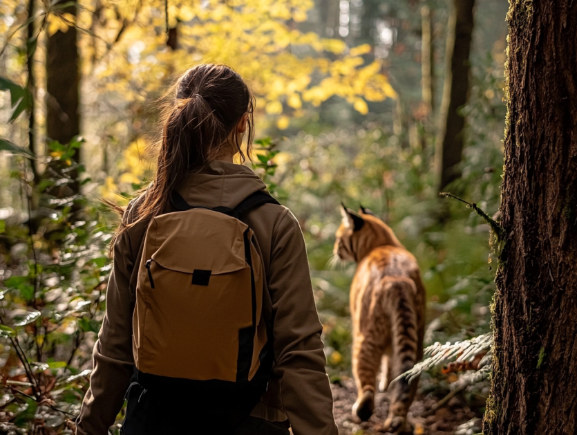 Ein wilder Bobcat nähert sich einer Frau, und sie beschließt, ihm zu folgen