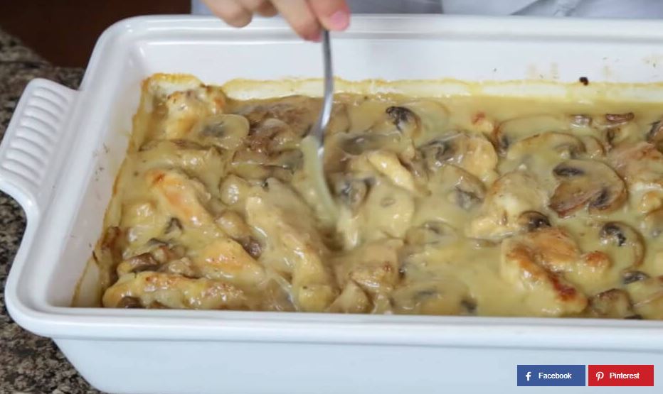 Rezept: sahniges Ofengericht mit Hühnchen und Champignons.