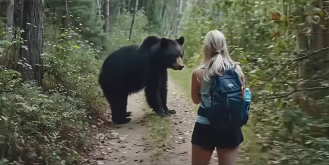 Mulher segue urso na floresta depois que ele se aproxima inesperadamente dela no ponto de ônibus