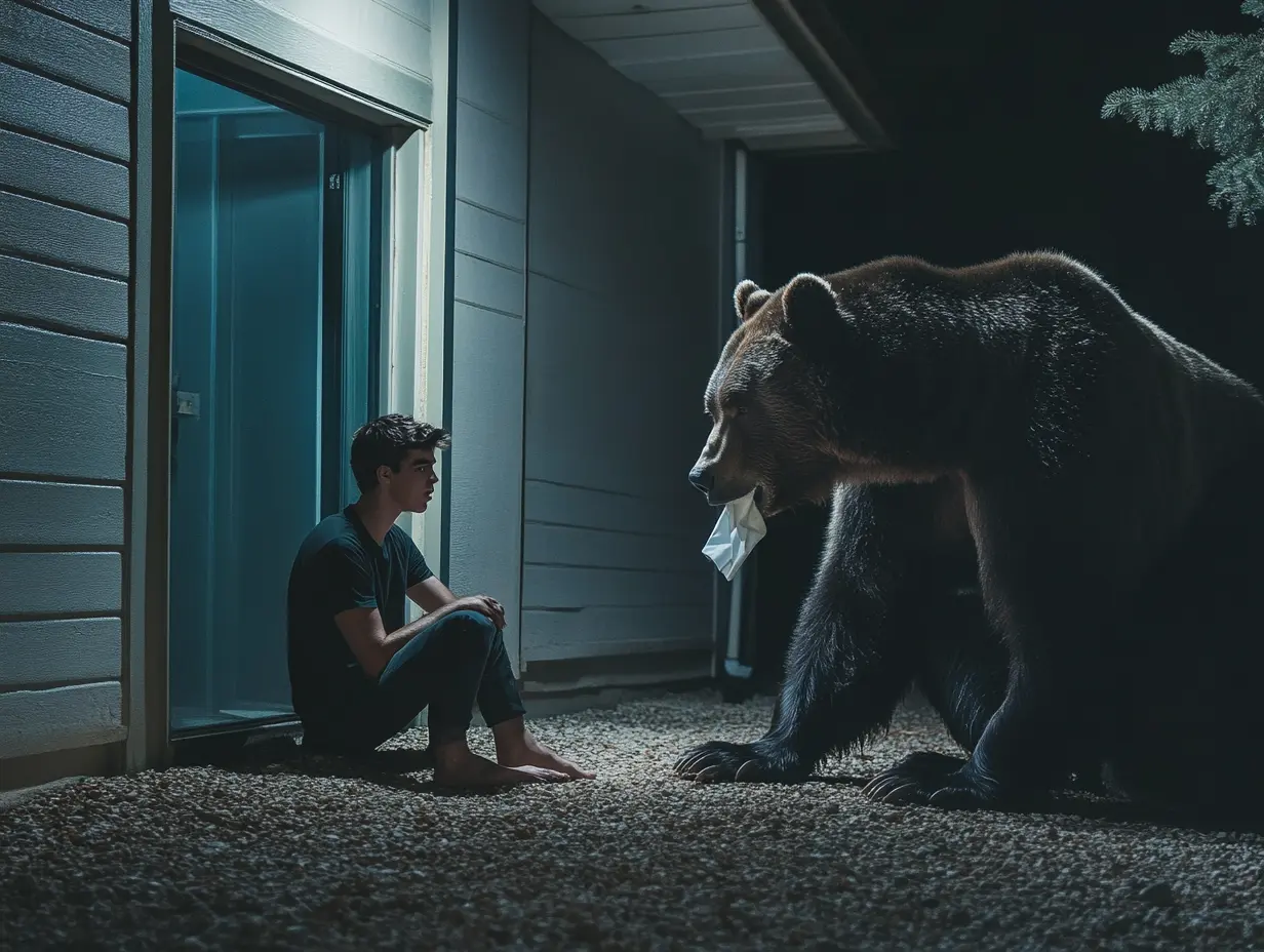 Um funcionário de hotel decide sair para descansar, mas não percebeu que o urso estava à espreita do lado de fora