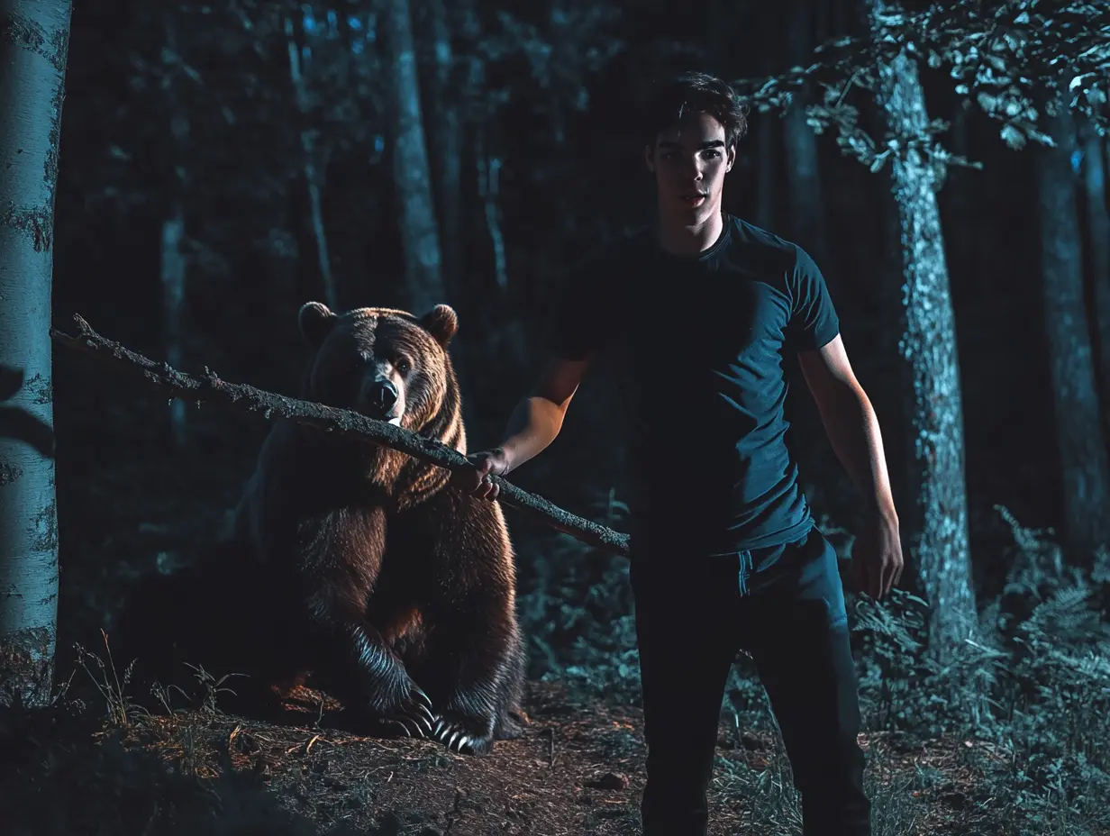 Um funcionário de hotel decide sair para descansar, mas não percebeu que o urso estava à espreita do lado de fora