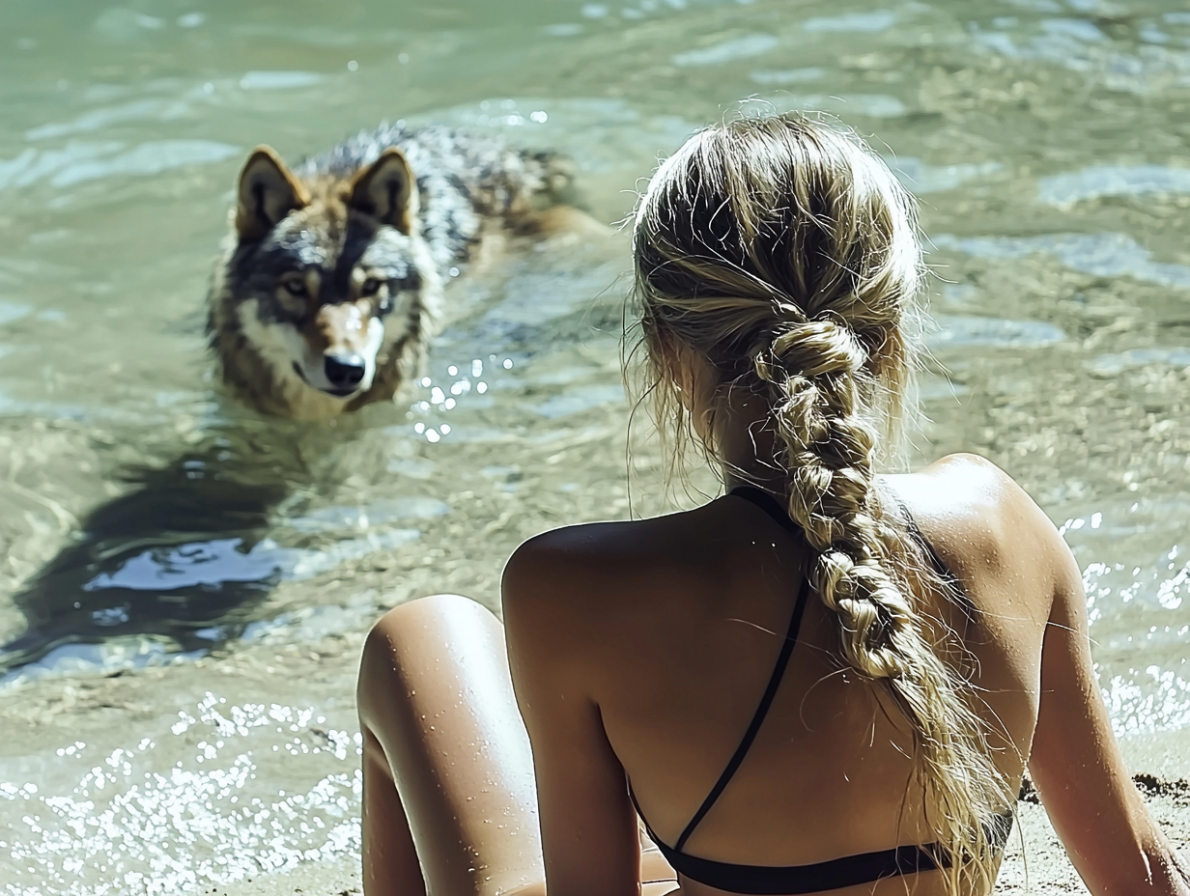 Woman Follows Wolf into the Sea After It Approaches Her on the Beach
