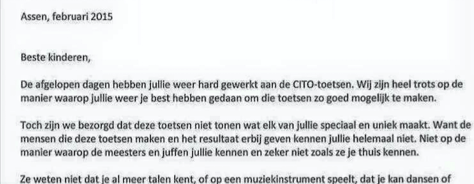 Deze aangetekende brief van een basisschool uit Assen aan hun leerlingen verwoord precies wat je kinderen wilt bijbrengen