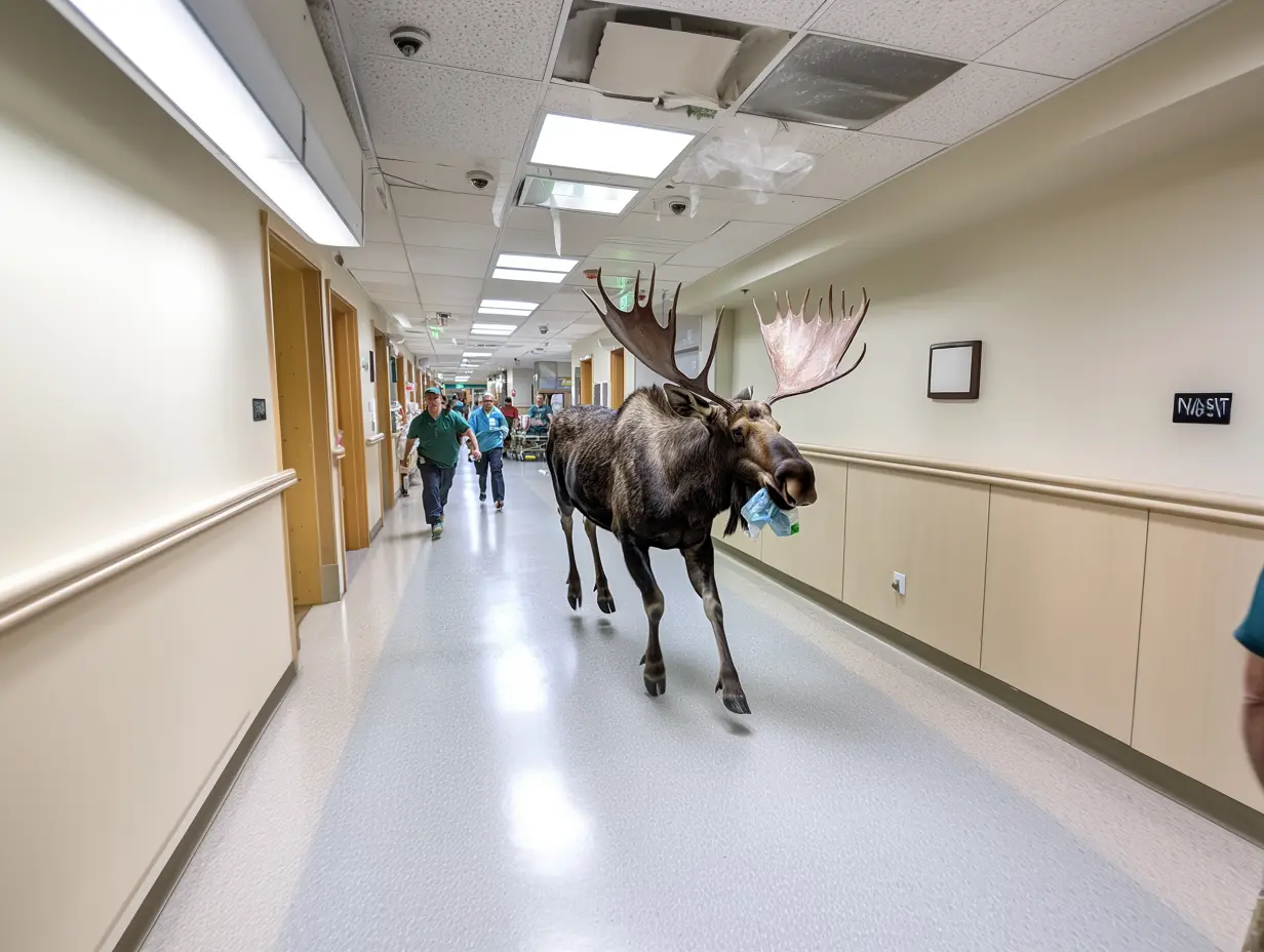 Eland breekt in bij ziekenhuis - verpleegster in tranen door wat ze ziet op haar gewei.