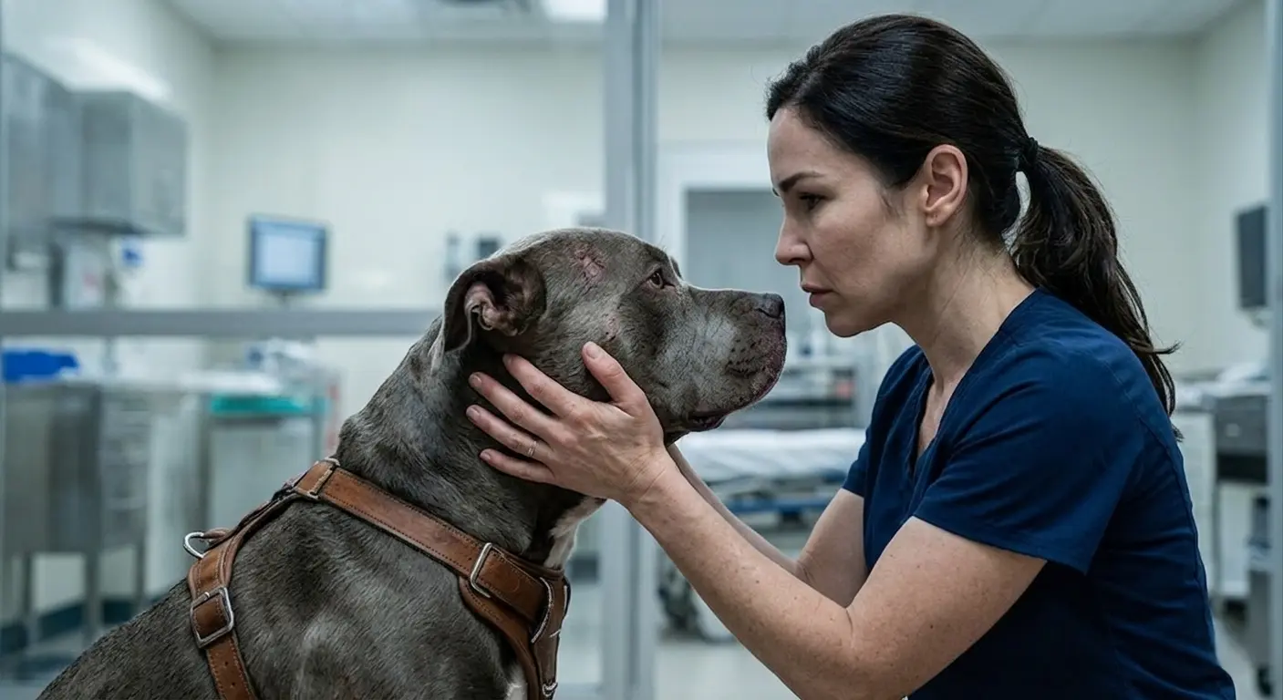 Het personeel verstijft van schrik wanneer een pitbull het ziekenhuis binnenloopt met dit in zijn bek…