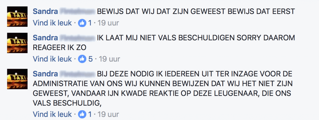 Dit beschuldigde taxibedrijf gaat totaal los tegen klant op Facebook! "Dat zijn wij niet geweest, leugens, I kill you!"
