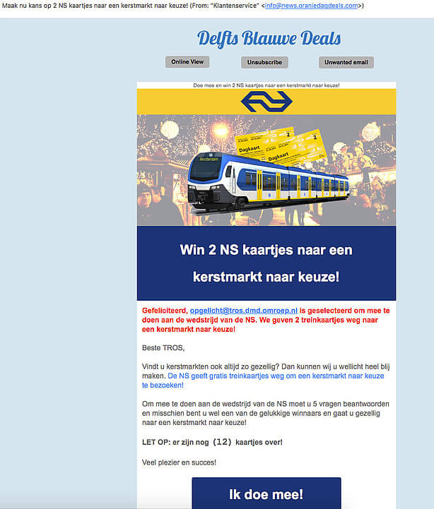 WAARSCHUWING: misleidende winactie 'NS' in omloop! Krijg je DEZE e-mail? Gooi hem direct weg!