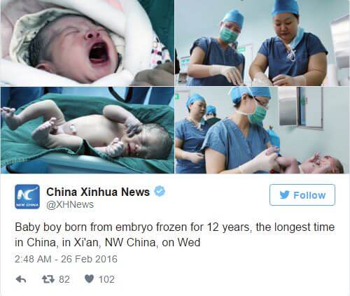 De wonderen zijn de wereld nog niet uit: een pasgeboren baby is als embryo 12 jaar bevroren geweest en dus eigenlijk al 12 jaar oud!