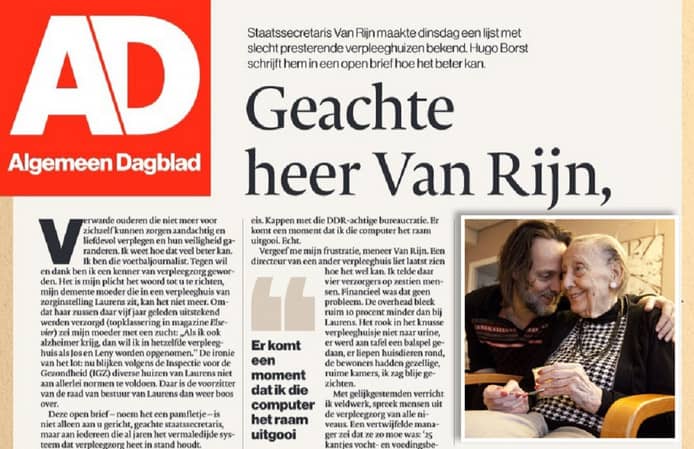 In het AD kwamen we dit bericht tegen van Hugo Borst over de verpleeghuizen. Heldere taal!