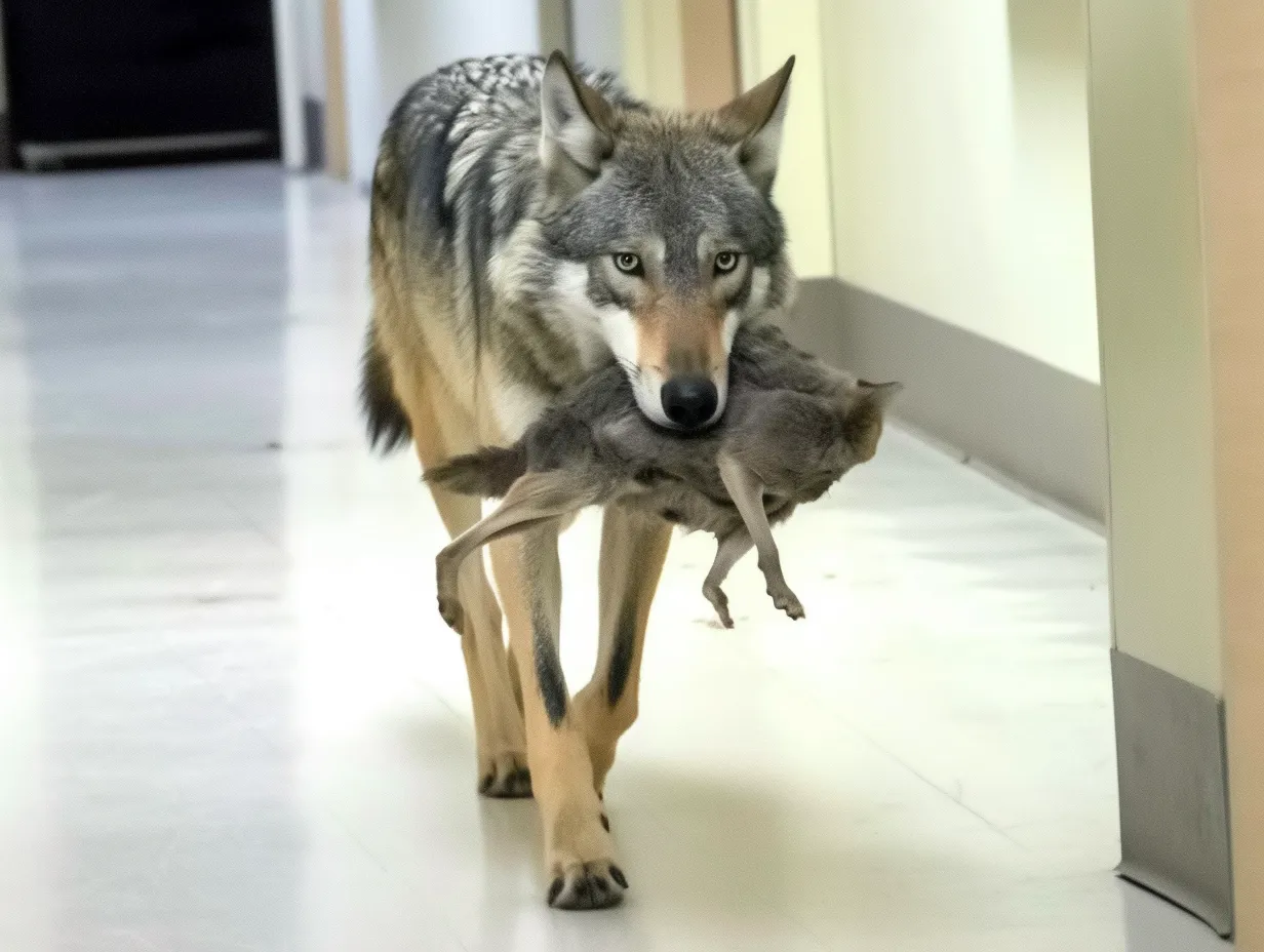 Wolf breekt in bij ziekenhuis - verpleegster in tranen door wat hij in zijn mond draagt