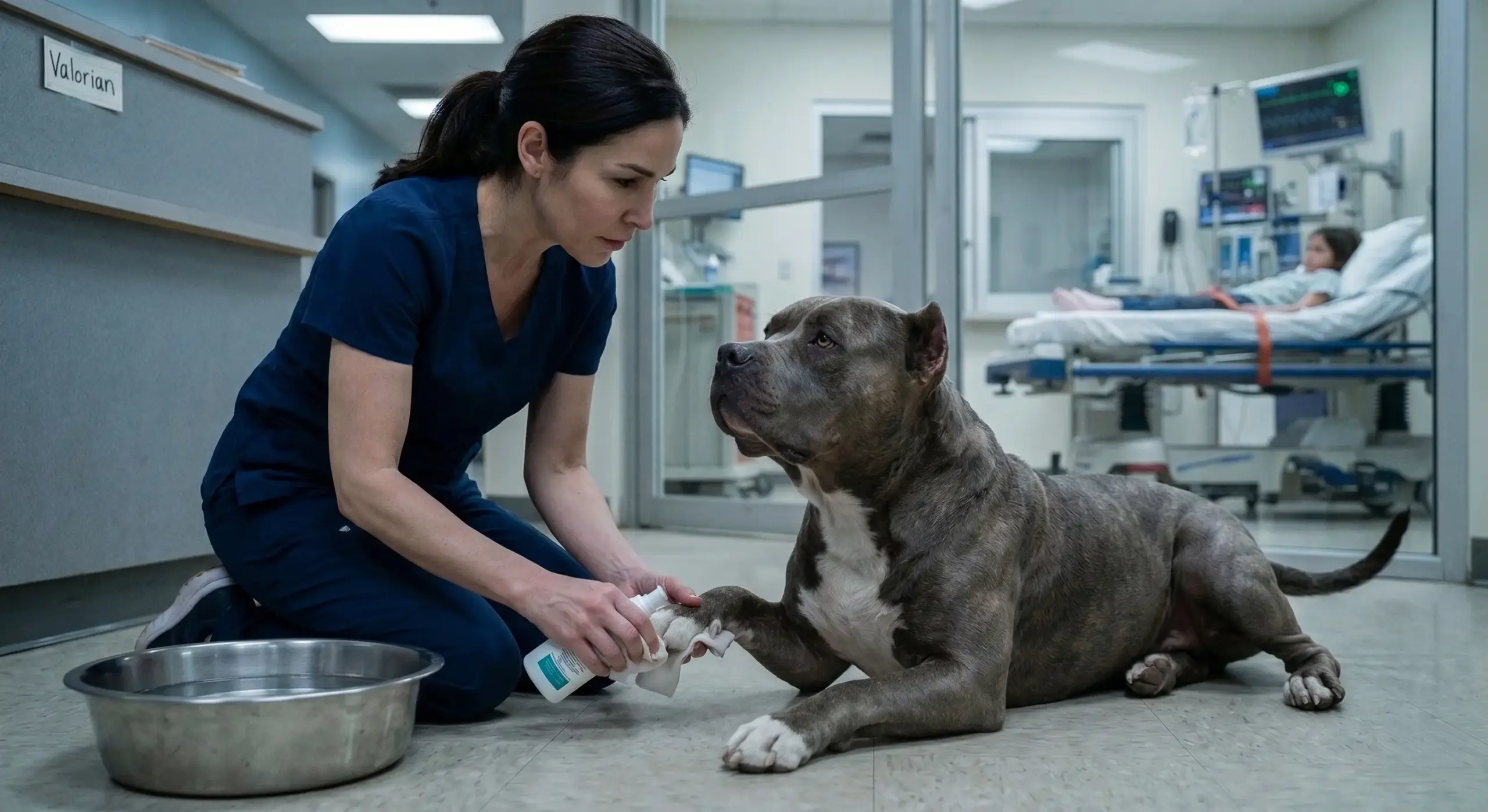Het personeel verstijft van schrik wanneer een pitbull het ziekenhuis binnenloopt met dit in zijn bek…