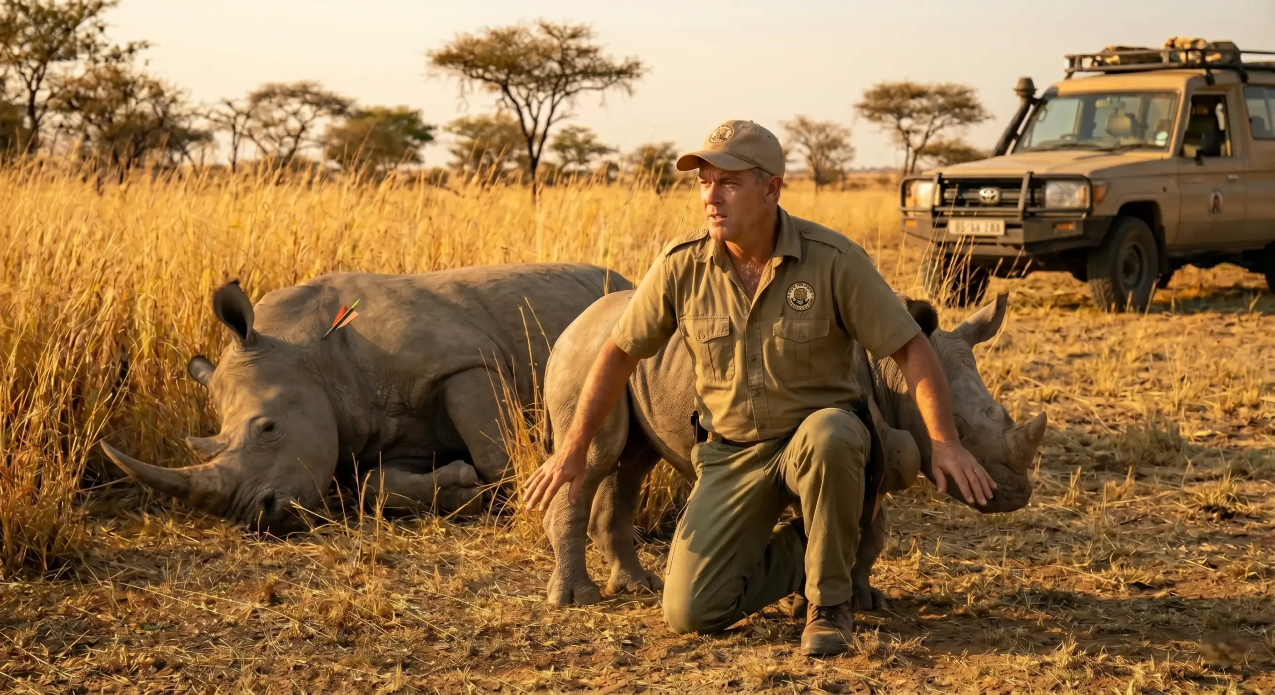 Man haast zich om baby neushoorn van de weg te redden-seconden later valt zijn hart stil