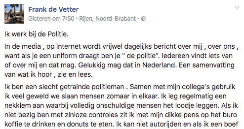 Deze gefrustreerde politieagent doet zijn verhaal op Facebook: "Ik ben racistisch en etnisch profileren is mijn hobby"