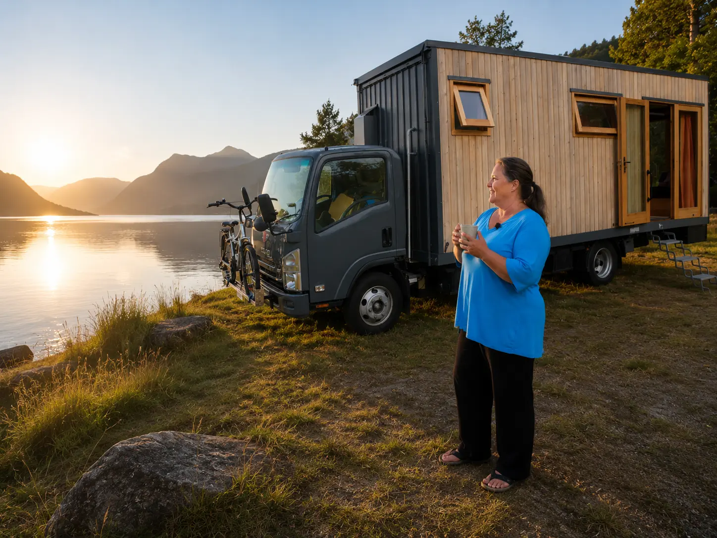 Een vrouwelijke solo-reiziger combineert een tiny house met een caravan — het resultaat is verbluffend
