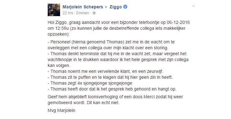 OEPS: vrouw belt met klacht naar Ziggo, medewerker vergeet haar in de wacht te zetten..