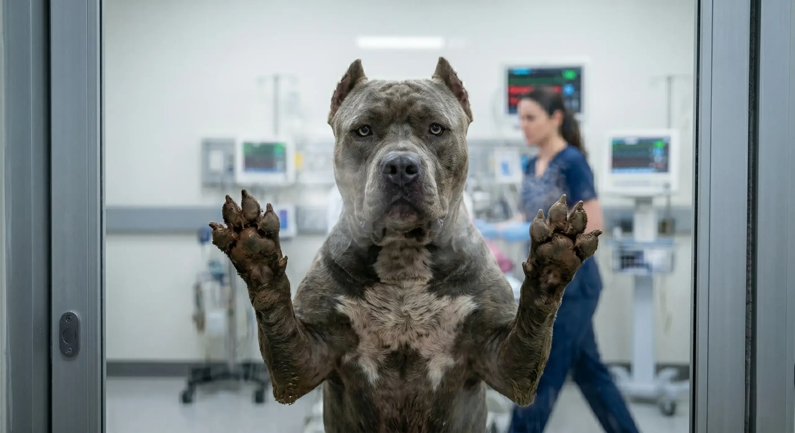 Het personeel verstijft van schrik wanneer een pitbull het ziekenhuis binnenloopt met dit in zijn bek…