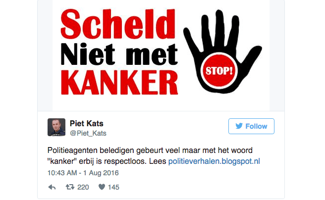 Deze agent bedenkt wel een hele bizarre straf voor mensen die met kanker schelden. Wat vind jij, terecht of niet?