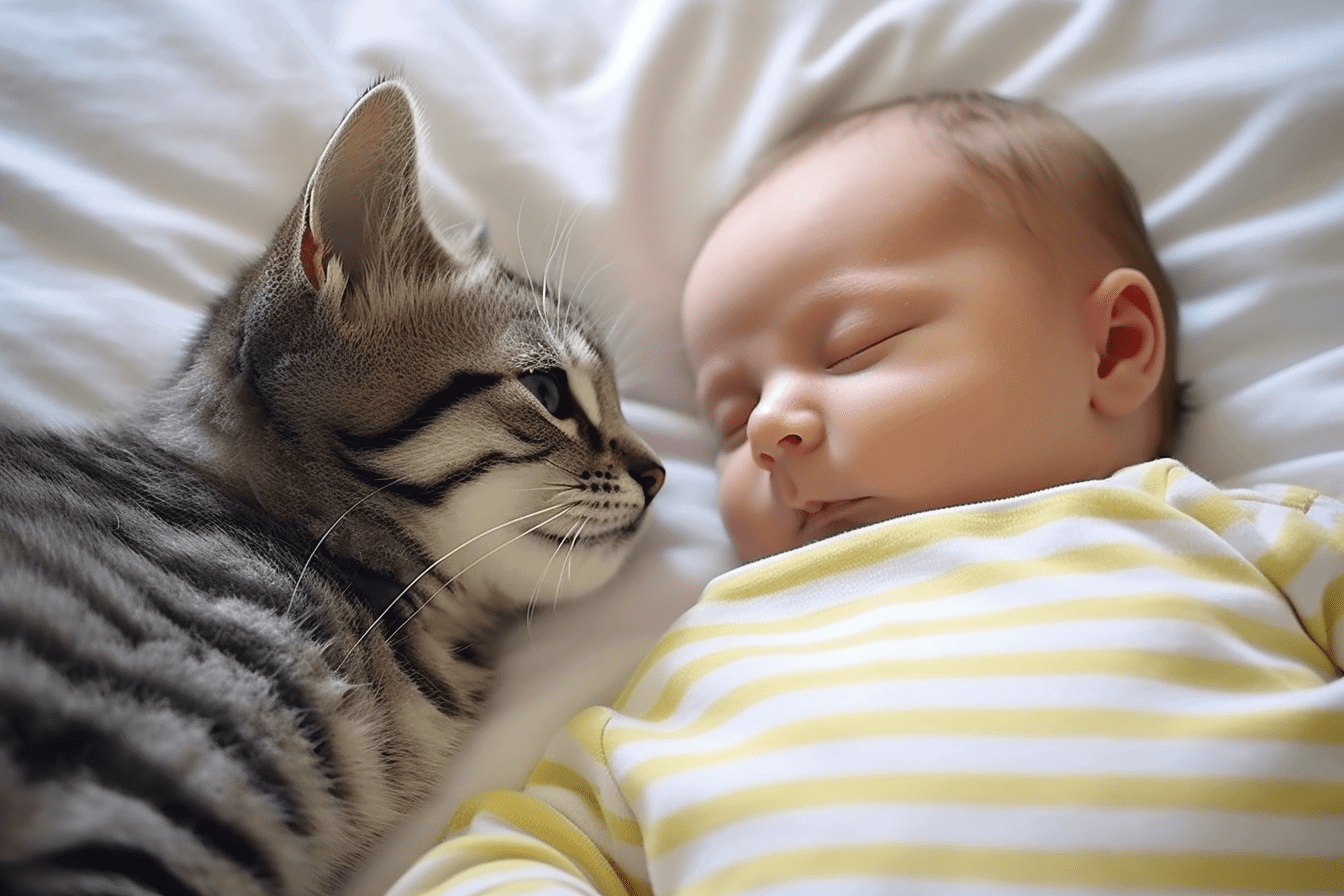 猫が赤ん坊を一人で寝かせない。