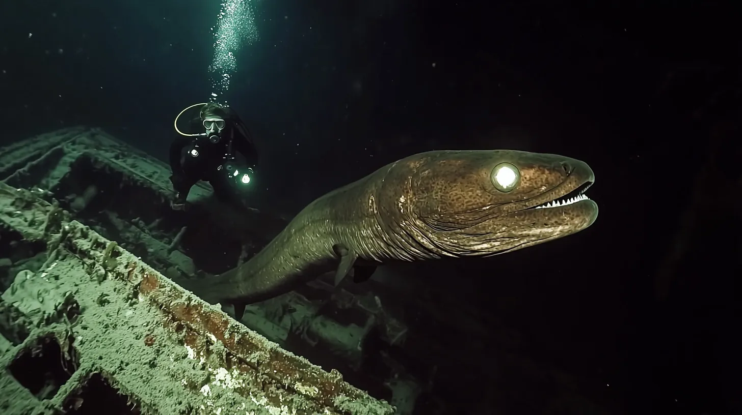 Diver Follows Giant Eel into Den After It Approaches Him Near a Sunken Ship
