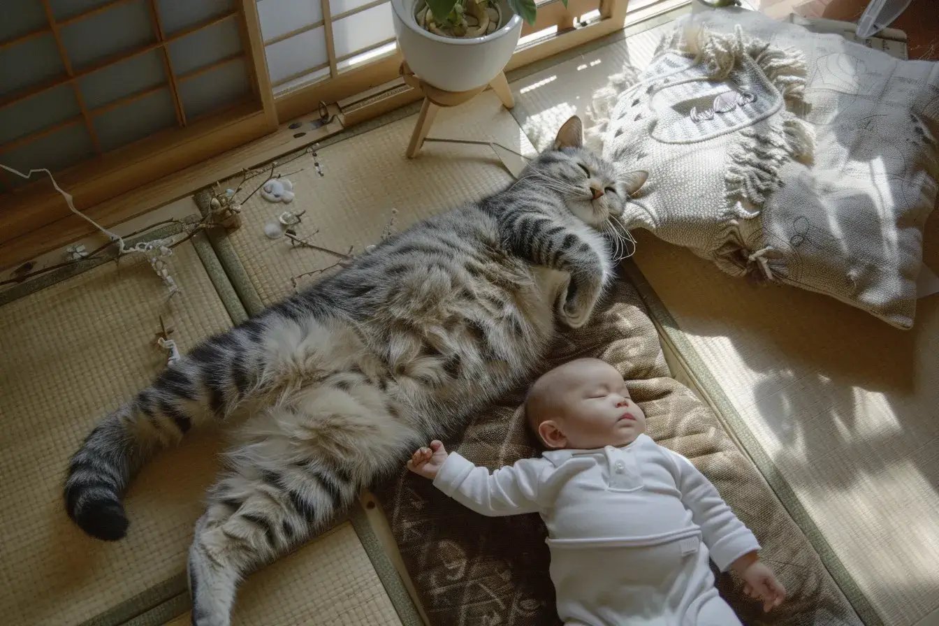 猫が赤ん坊を一人で寝かせない。