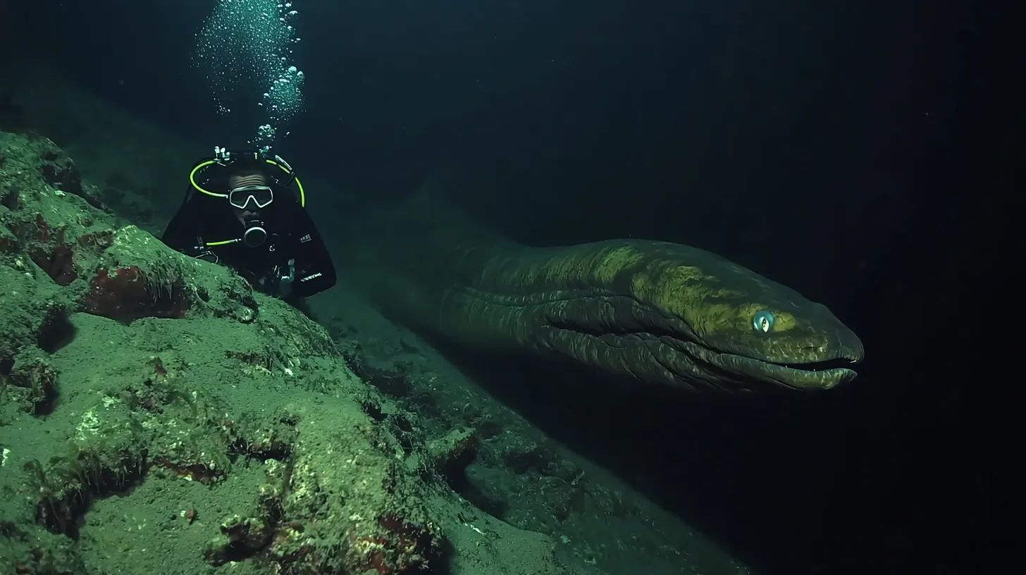 Diver Follows Giant Eel into Den After It Approaches Him Near a Sunken Ship