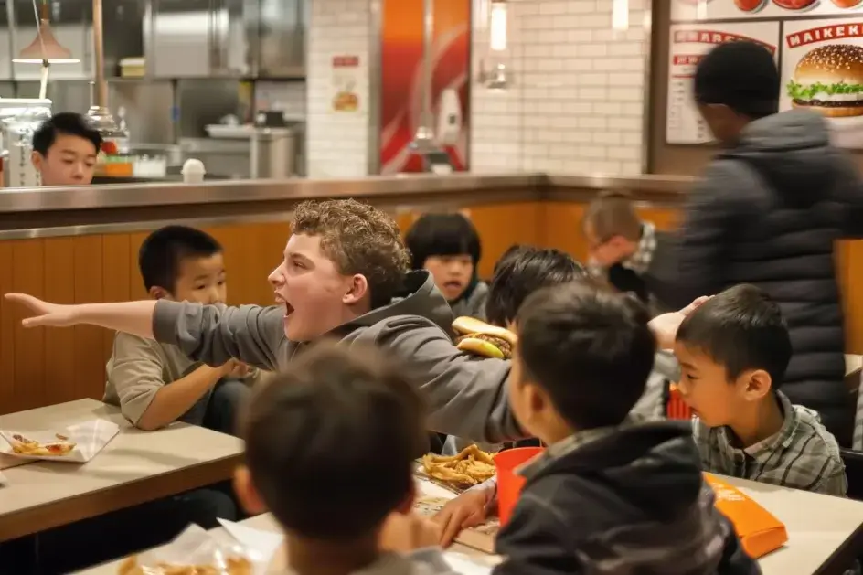 バーガーキングで少年をいじめる若者たち、ベンチの男性に気づかず