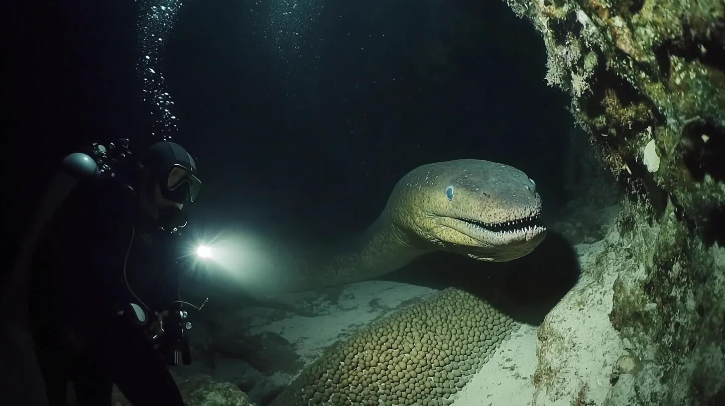 Diver Follows Giant Eel into Den After It Approaches Him Near a Sunken Ship