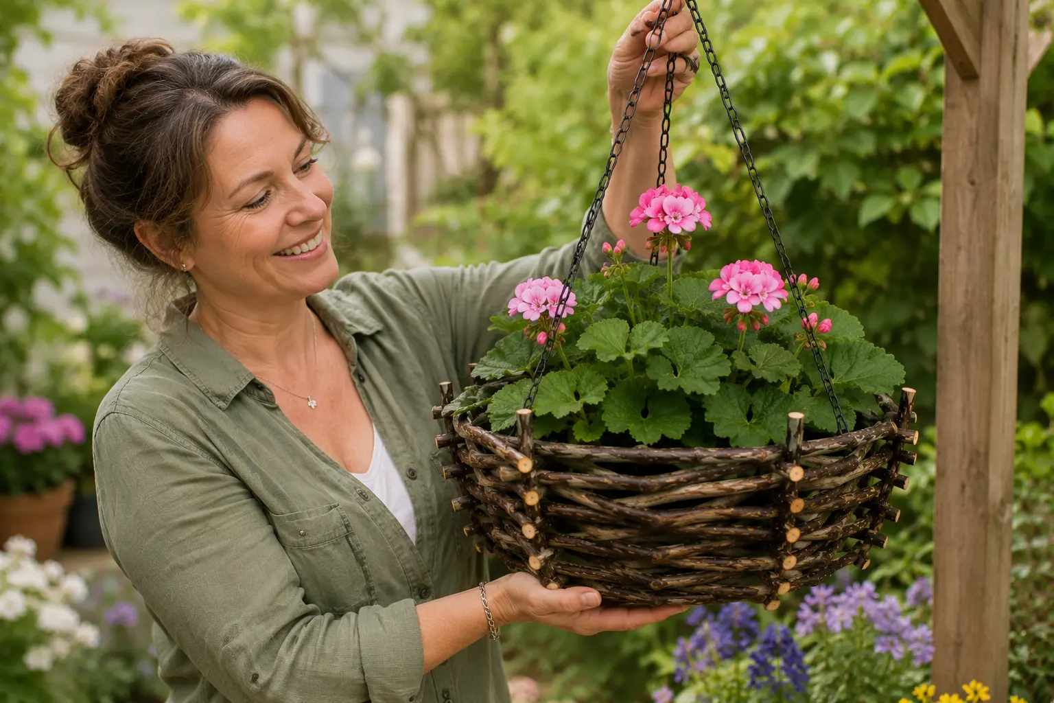 Esta jardinera utiliza palos en lugar de comprar cestas colgantes: su alternativa DIY no le costó casi nada