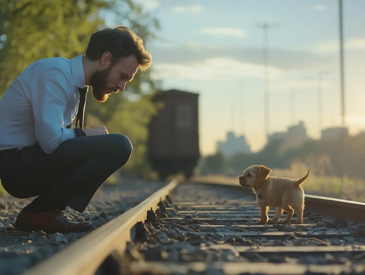 Un cachorro bloquea el ferrocarril, pero la verdadera razón por la que no puede moverse rompe el corazón de todos