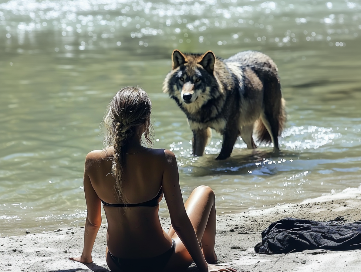 Una mujer sigue a un lobo hasta el mar tras acercarse a ella en la play